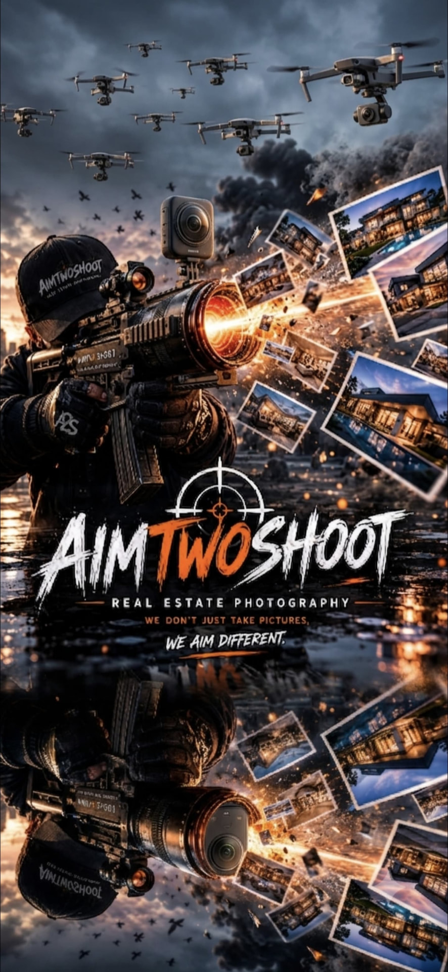 Aimtwoshoot Real Estate Photography Media poster — camera rig and listing photos with the tagline We Aim Different
